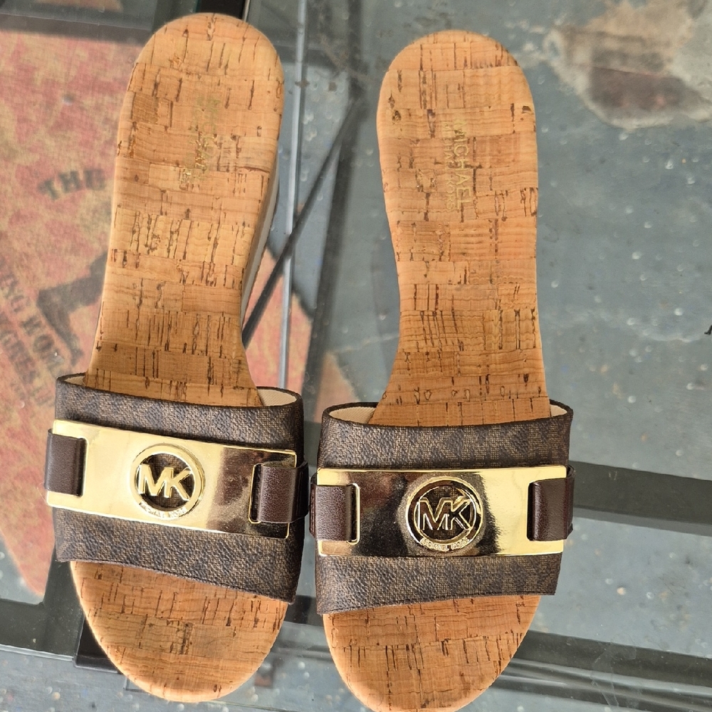 Michael Kors Brown and Gold Sandals with Cork Footbed